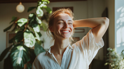 A person stretches and smiles as they step into their home office, bathed in natural light. This moment symbolizes a fresh start to the week, reflecting a positive and productive mindset for the day 