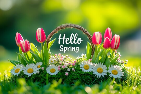 Vibrant arrangement of pink tulips and delicate daisies welcomes the spring season