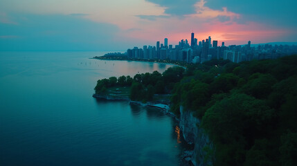 Naklejka premium City skyline illuminated by sunset with serene waterfront and lush greenery nearby