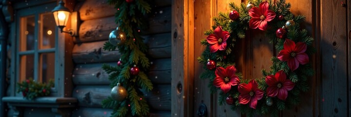 Obraz premium Wreath of red flowers and baubles on wooden door at night, cozy, wood