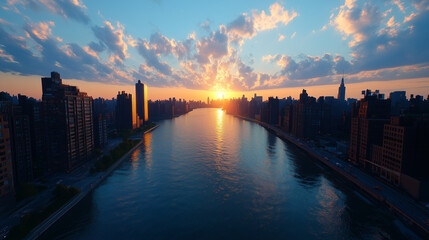 Fototapeta premium City skyline bathed in golden hues as sunset reflects on a tranquil river