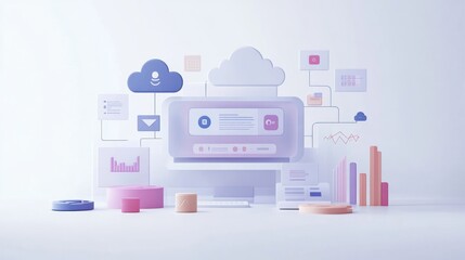 Cloud computing, data storage, and network connection.