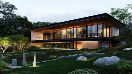 Modern Architectural Marvel: Dusk settles on a stunning contemporary home, its sleek design and expansive windows illuminating the landscaped grounds.
