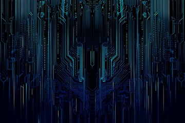 Abstract close-up of a glowing blue digital circuit board, showcasing intricate connections and technological design on a black background.
