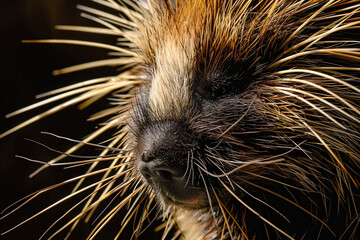 A close up of a porcupine's face with its mouth open