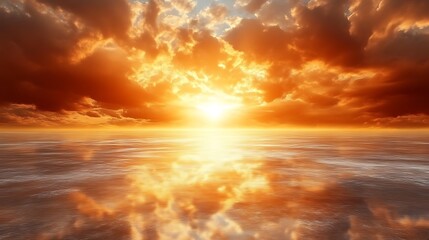 Naklejka premium Fiery sunset reflecting on calm ocean.