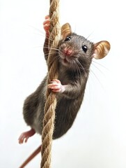 A cute mouse climbing a rope, showcasing its playful nature.