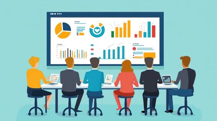 Business team analyzing data on a large screen.