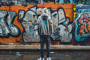 A man stands in front of a wall covered in graffiti