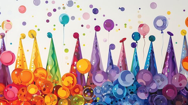 backdrop with rainbow-patterned balloons and purple caps