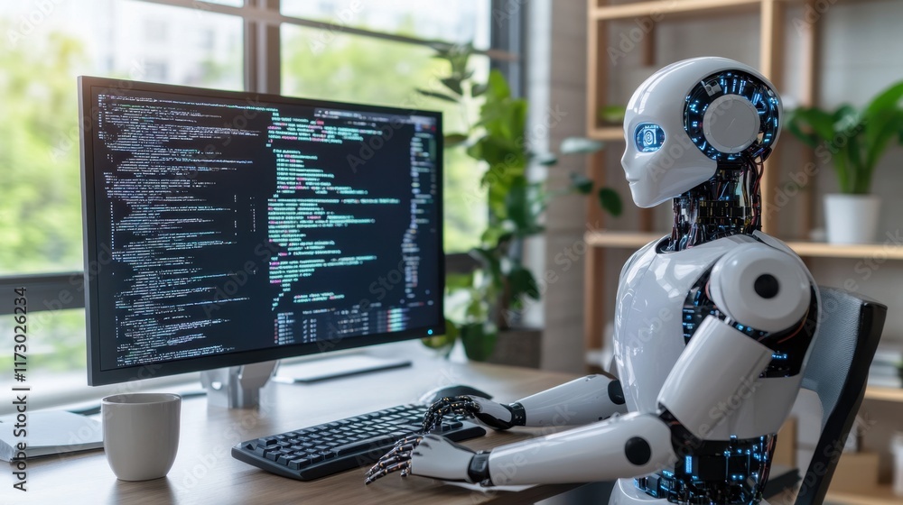 Poster futuristic robot working at modern desk with computer coding display