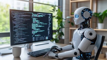 Futuristic Robot Working at Modern Desk with Computer Coding Display