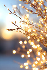 Glowing branches at sunset, winter scene, bokeh background, holiday decoration, perfect for greeting cards