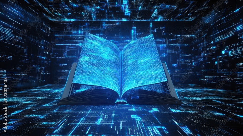 Poster open book with digital data visuals in futuristic environment