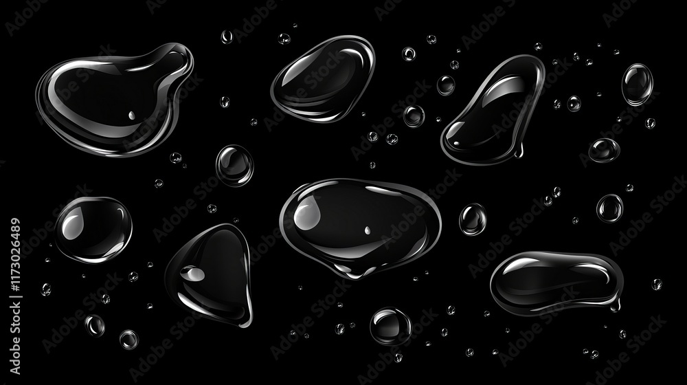 Poster a realistic 3d vector illustration of blobs and rain droplets on a dark window surface, creating a s