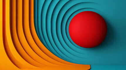 Vibrant abstract artwork featuring curved lines and a bold red circle on a blue background
