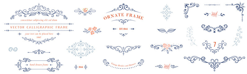 Ornate handdrawn elements, frames, labels, scroll, logos, floral motifs. For branding, graphic design, packaging, stickers, business and greeting cards, invitations, menu, diplomas.