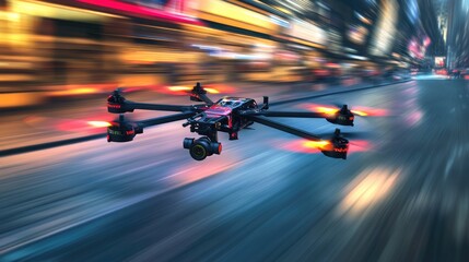 high speed racing drones in action, motion blurred city street