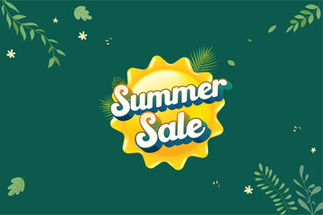 Summer Sale With Leaves On Green Background. Summer Background For Party, Ecology, Green Environment Poster Design Vector Illustration