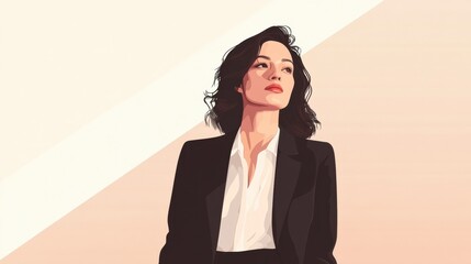 A confident businesswoman in formal attire, standing against a minimalist background with clean lines and neutral tones, exuding professionalism