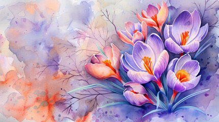 A painting of purple flowers with a blue background