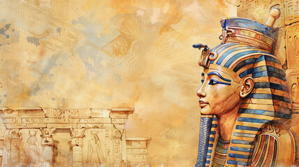 A woman with a blue and white headdress is the main focus of the image