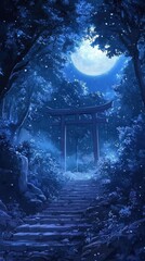 Moonlit Forest Path Leads To Sacred Torii Gate