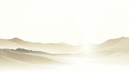 Sunrise over misty, sepia-toned mountain range.