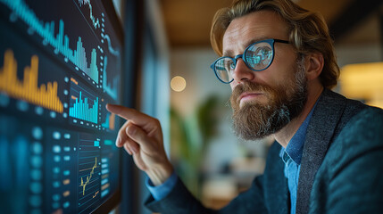 Financial Data Analysis, Businessman analyzing financial data on a screen.