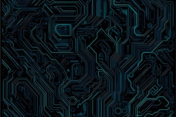 Abstract close-up of a glowing blue digital circuit board, showcasing intricate connections and technological design on a black background.
