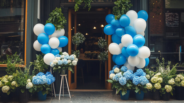 Blue and white balloon archway with hydrangeas decorating a shop entrance.