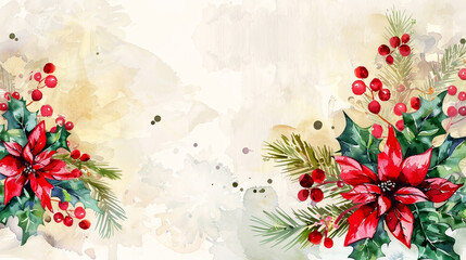 A watercolor painting of a red poinsettia surrounded by green leaves and berries