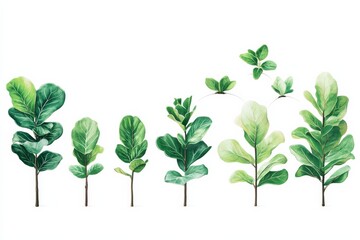 plant growth chart illustration showing the development stages of a fiddle leaf fig, minimal background with copy space