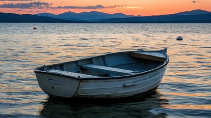 Fototapeta premium Serene Sunset: A Small Rowboat on Calm Lake Waters