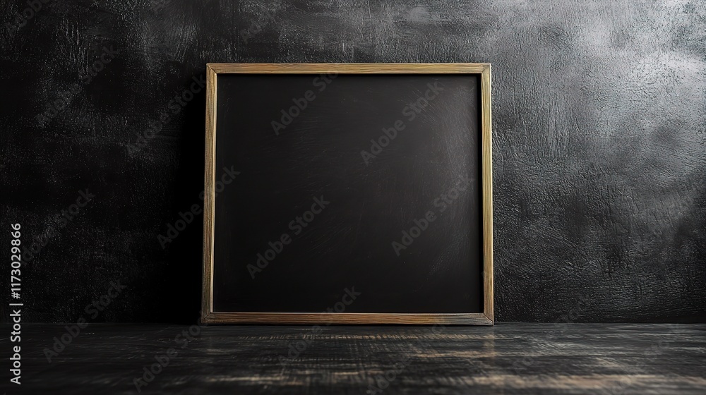 Poster empty blackboard frame on dark textured wall background