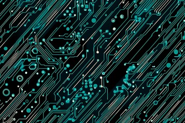 Abstract close-up of a glowing blue digital circuit board, showcasing intricate connections and technological design on a black background.
