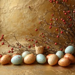 Fototapeta premium Colorful Easter Eggs and Decorative Accents with Golden Background for Festive Celebrations and Creative Holiday Themes