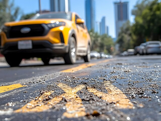 Yellow SUV driving on city street, asphalt close-up, modern buildings background; ideal for transportation, urban, travel, and road themes