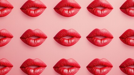 Obraz premium Red lipstick kiss marks on pink background