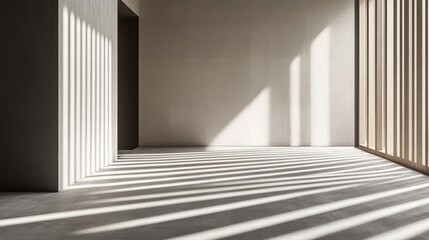 A minimalist interior space with light and shadow creating a serene atmosphere.