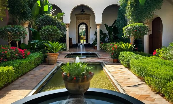 Serene Courtyard Fountain with Lush Greenery and Moorish Architecture