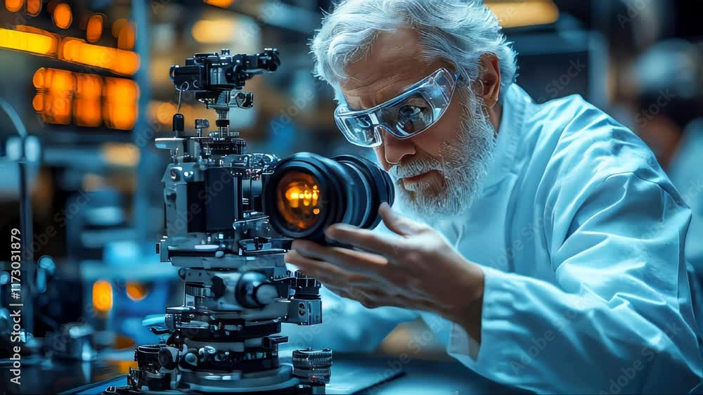 Poster senior scientist in a laboratory adjusting a cutting-edge camera setup, symbolizing innovation and a
