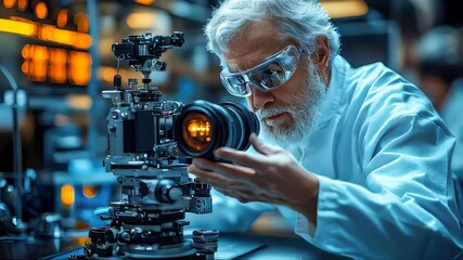 Senior scientist in a laboratory adjusting a cutting-edge camera setup, symbolizing innovation and advanced technology - Powered by Adobe