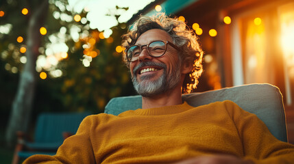 Fototapeta premium Multi-generational family gathers for a joyful meal in a warm outdoor setting during golden hour