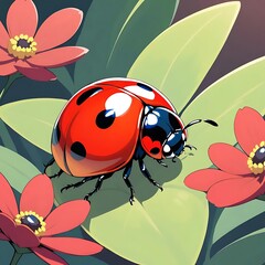 Fototapeta premium Ladybug on Leaf: A Vibrant Summer Illustration