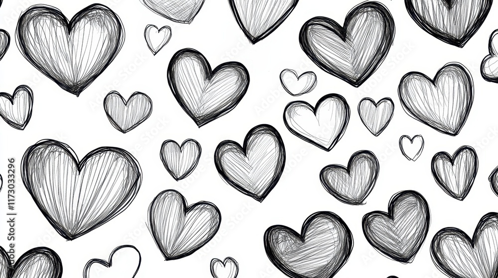Poster hand-drawn hearts pattern on a white background for design use
