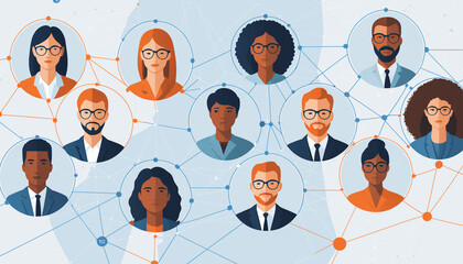 Building Bridges: A Diverse Network of Social and Professional Connections.  A diverse network of interconnected people portraits symbolizing social connections and professional networking
