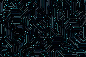 Abstract close-up of a glowing blue digital circuit board, showcasing intricate connections and technological design on a black background.
