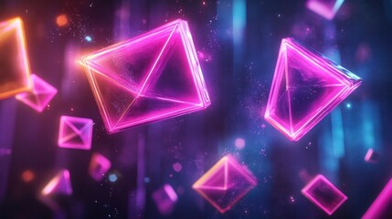 Naklejka premium Vibrant glowing neon triangles and abstract geometric shapes floating in a captivating otherworldly space backdrop with a surreal futuristic atmosphere