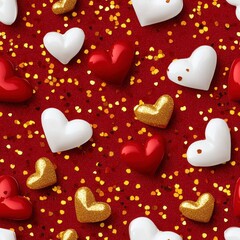Obraz premium Abstract Pattern Featuring Red, White, and Gold Hearts on a Vibrant Background for Festive Occasions or Romantic Themes